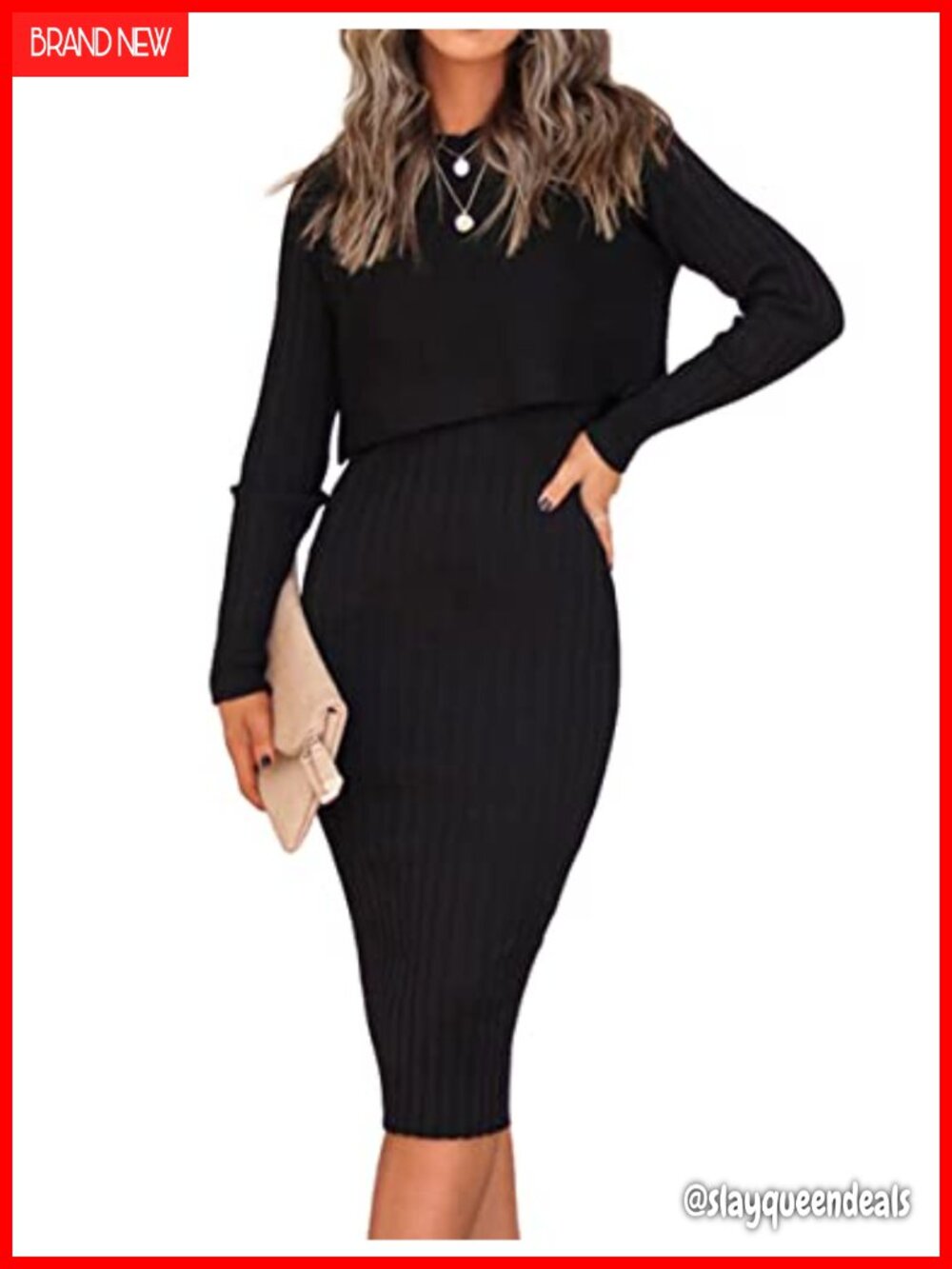 Women's 2 Piece Sweater Dress Set Ribbed Knit Crop Top & Bodycon Midi Dress
